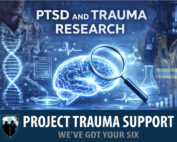 Graphic showing a glowing brain with magnifying glass, DNA strand, and lab elements with background images of uniformed personnel, representing PTSD and trauma research for first responders and veterans.