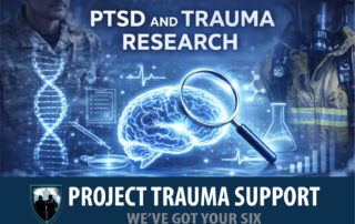 Graphic showing a glowing brain with magnifying glass, DNA strand, and lab elements with background images of uniformed personnel, representing PTSD and trauma research for first responders and veterans.