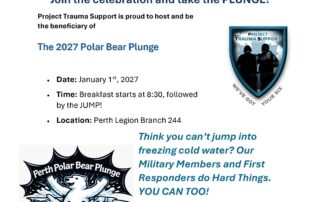 Poster promoting the 2027 Perth Polar Bear Plunge in support of Project Trauma Support’s 10th anniversary, featuring event details, logos, and a call to action for participants to take the plunge.