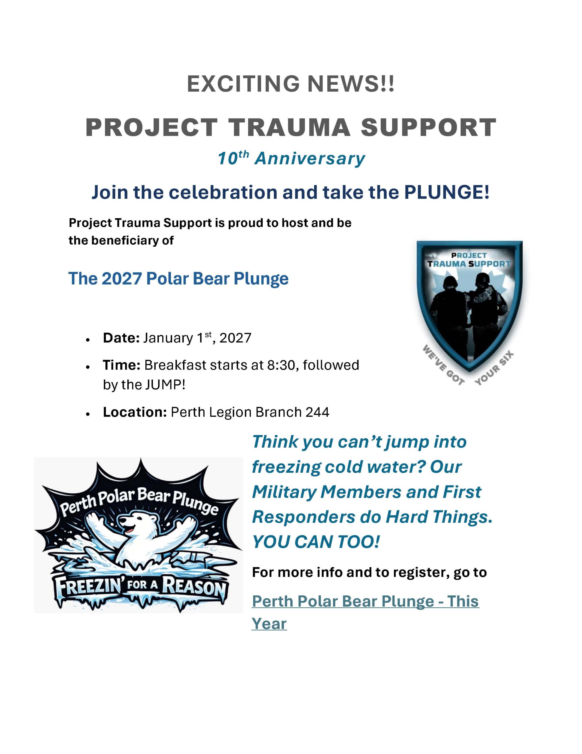 Poster promoting the 2027 Perth Polar Bear Plunge in support of Project Trauma Support’s 10th anniversary, featuring event details, logos, and a call to action for participants to take the plunge.