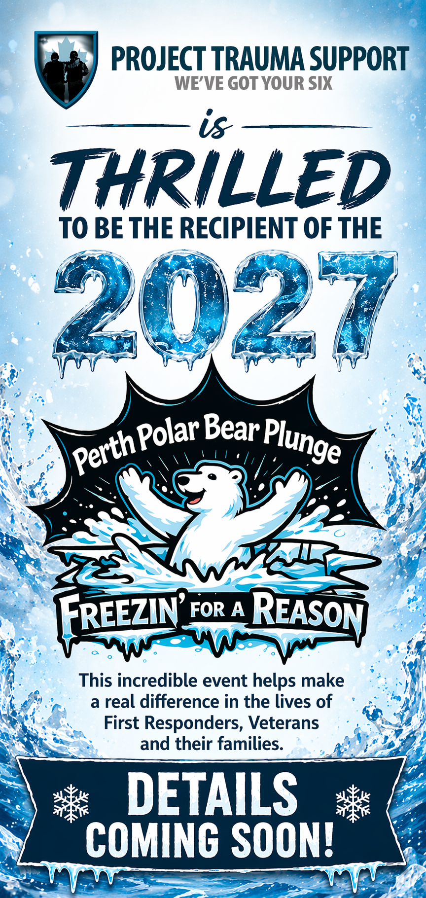 Graphic announcing Project Trauma Support as the 2027 Perth Polar Plunge beneficiary with “details coming soon” messaging, promoting the January fundraising event in Perth, Ontario.