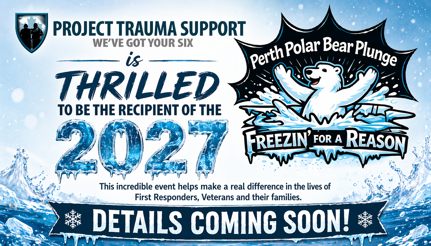 Graphic announcing Project Trauma Support as the 2027 Perth Polar Plunge beneficiary with “details coming soon” messaging, promoting the January fundraising event in Perth, Ontario.