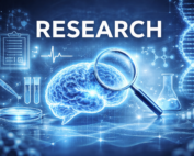 Research-themed image with glowing brain, DNA helix, and scientific tools representing trauma research, PTSD studies, and mental health innovation by Project Trauma Support.