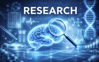 Research-themed image with glowing brain, DNA helix, and scientific tools representing trauma research, PTSD studies, and mental health innovation by Project Trauma Support.
