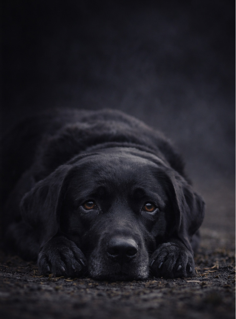 Black dog in a subdued pose with a sad expression, symbolizing depression, anxiety, and the “black dog” metaphor in mental health and trauma recovery.
