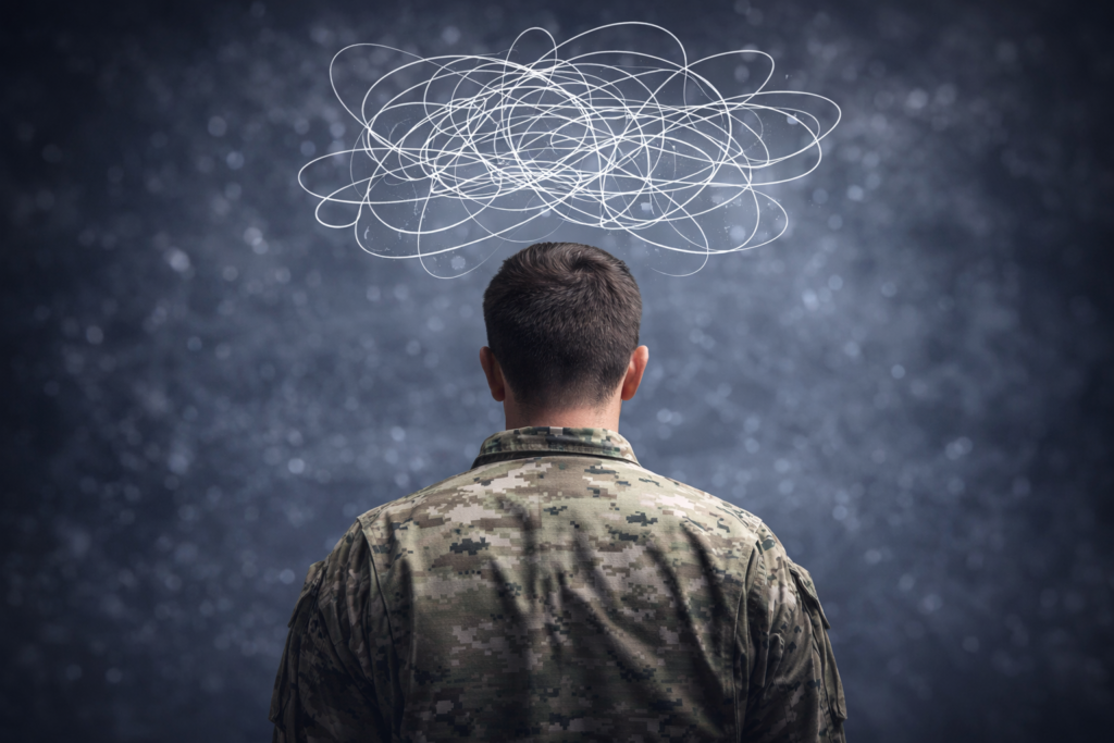 Back view of a uniformed individual with abstract swirling lines above their head representing anxiety, stress, and mental health challenges in first responders and military personnel.