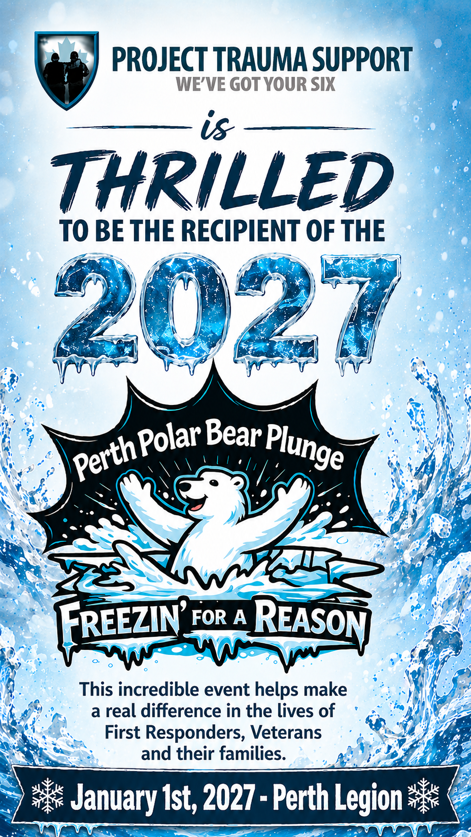 Desktop promotional graphic announcing Project Trauma Support as the recipient of the 2027 Perth Polar Bear Plunge, taking place January 1, 2027, at the Perth Legion, supporting First Responders, Veterans, and their families.