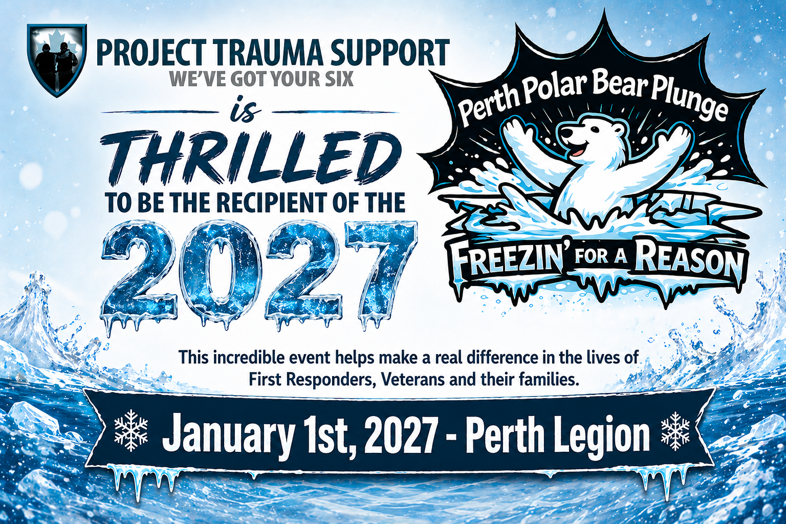 Promotional graphic announcing Project Trauma Support as the recipient of the 2027 Perth Polar Bear Plunge, taking place January 1, 2027, at the Perth Legion, supporting First Responders, Veterans, and their families.