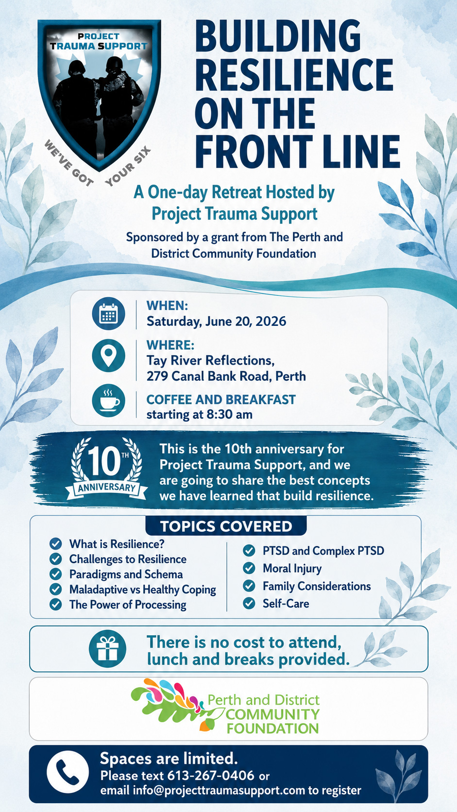 Building Resilience on the Front Line Retreat Event graphic for Building Resilience on the Front Line, a one-day Project Trauma Support retreat on June 20 at Tay River Reflections in Perth, sponsored by The Perth and District Community Foundation.