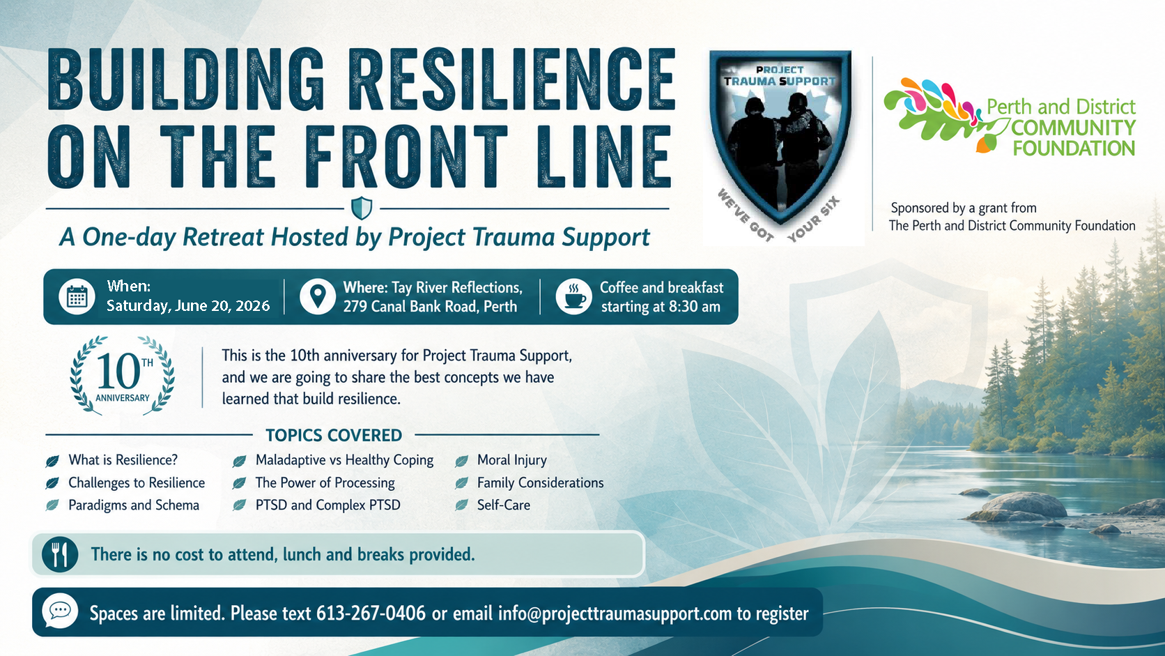 Building Resilience on the Front Line Retreat Event graphic for Building Resilience on the Front Line, a one-day Project Trauma Support retreat on June 20 at Tay River Reflections in Perth, sponsored by The Perth and District Community Foundation.