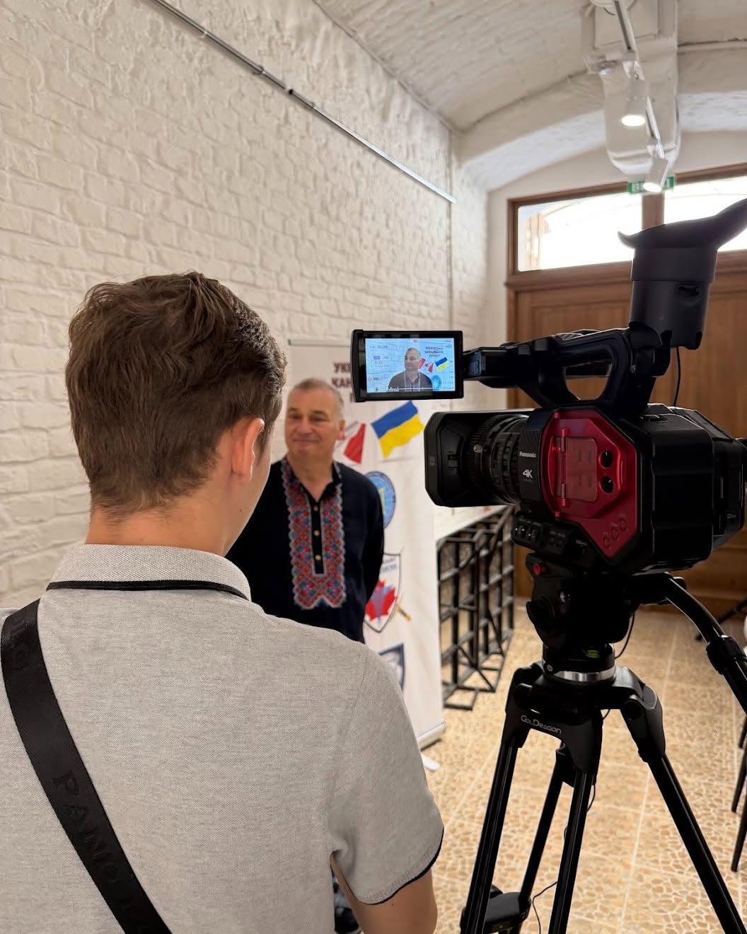 Media Interview During Ukraine Visit Camera recording an interview with a Project Trauma Support representative in Lviv, Ukraine.